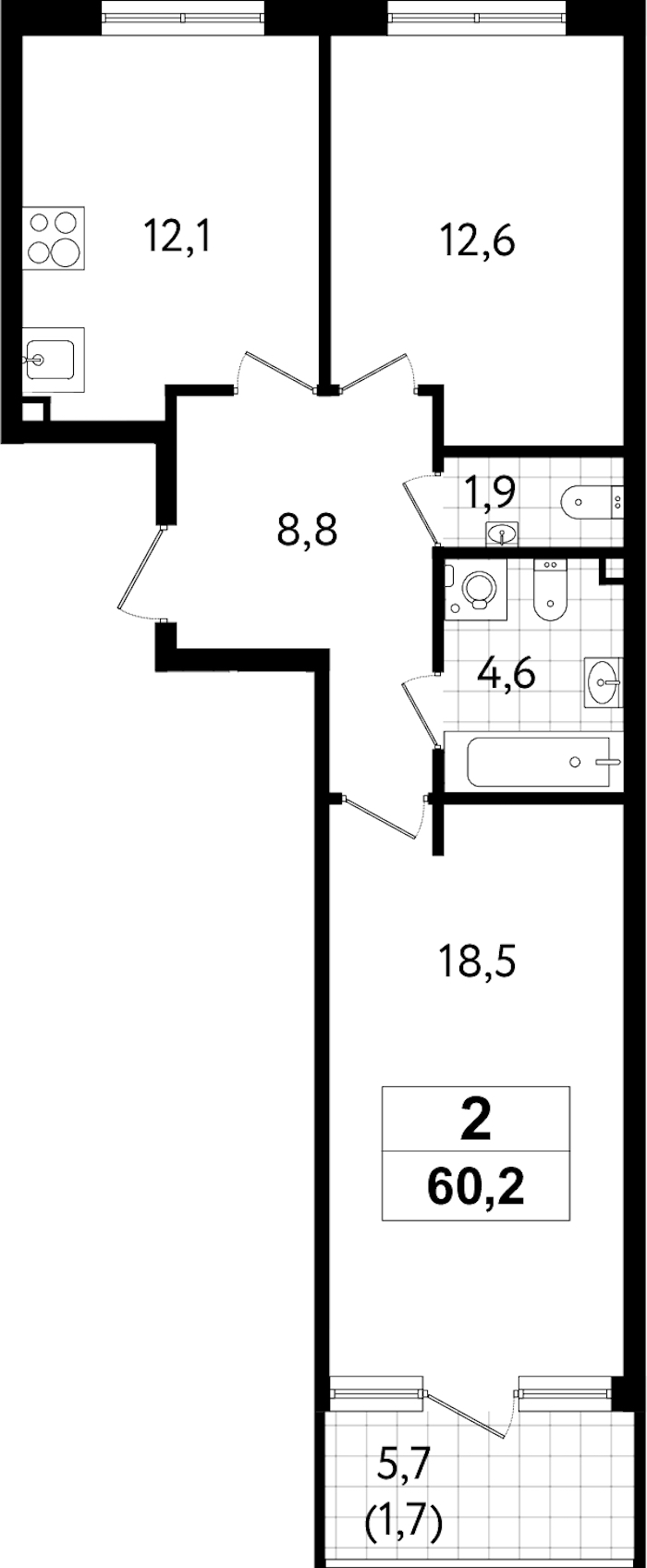 2-комнатная квартира 60.2 м², 1/12 эт., ЖК «А101 Всеволожск»
